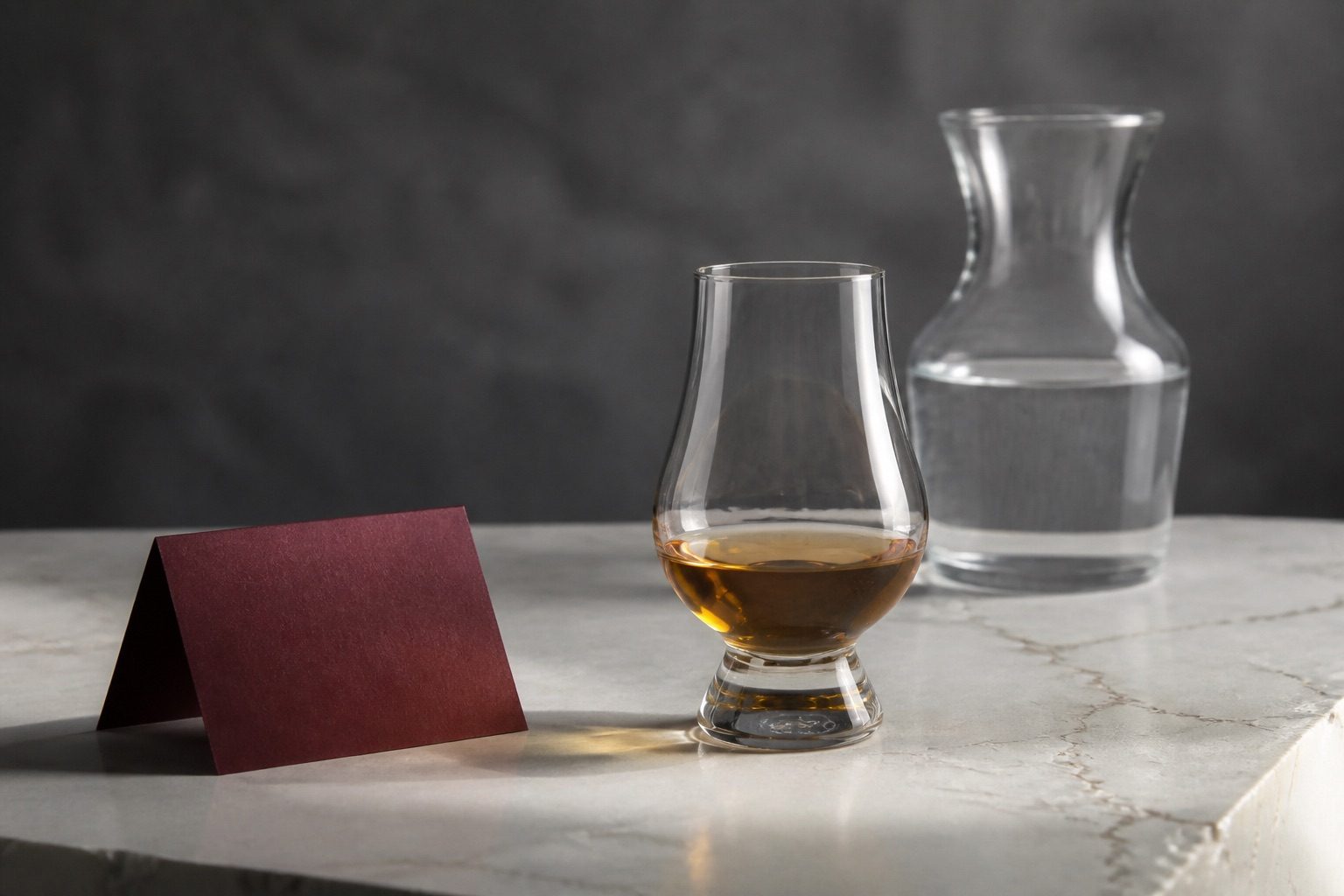 A glass of whisky beside a clear water carafe.