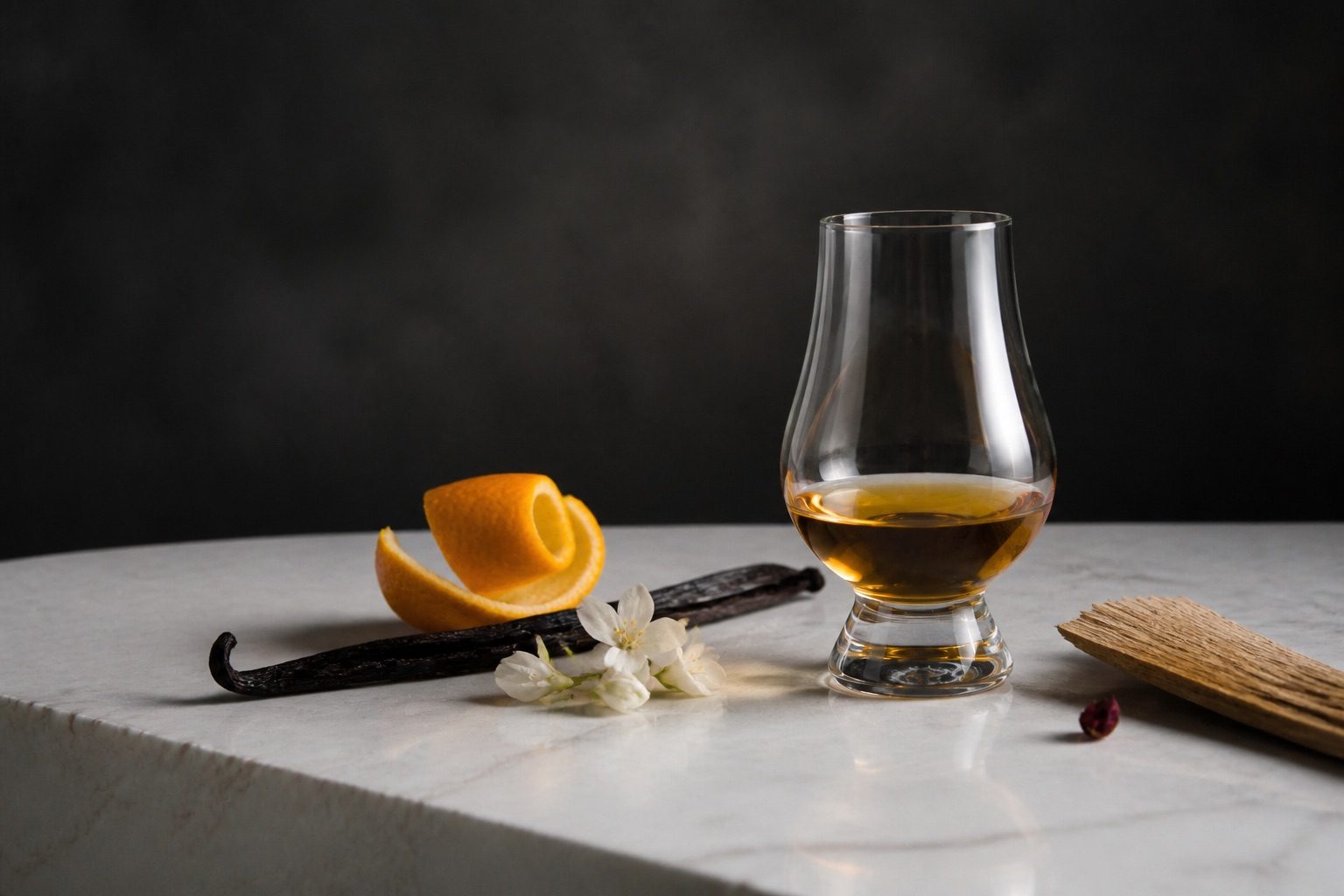 Illustrative whisky glass with orange peel, vanilla and oak.