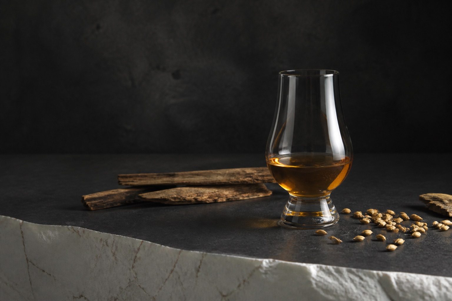 Whisky still life with glass, oak and barley on a dark studio surface.