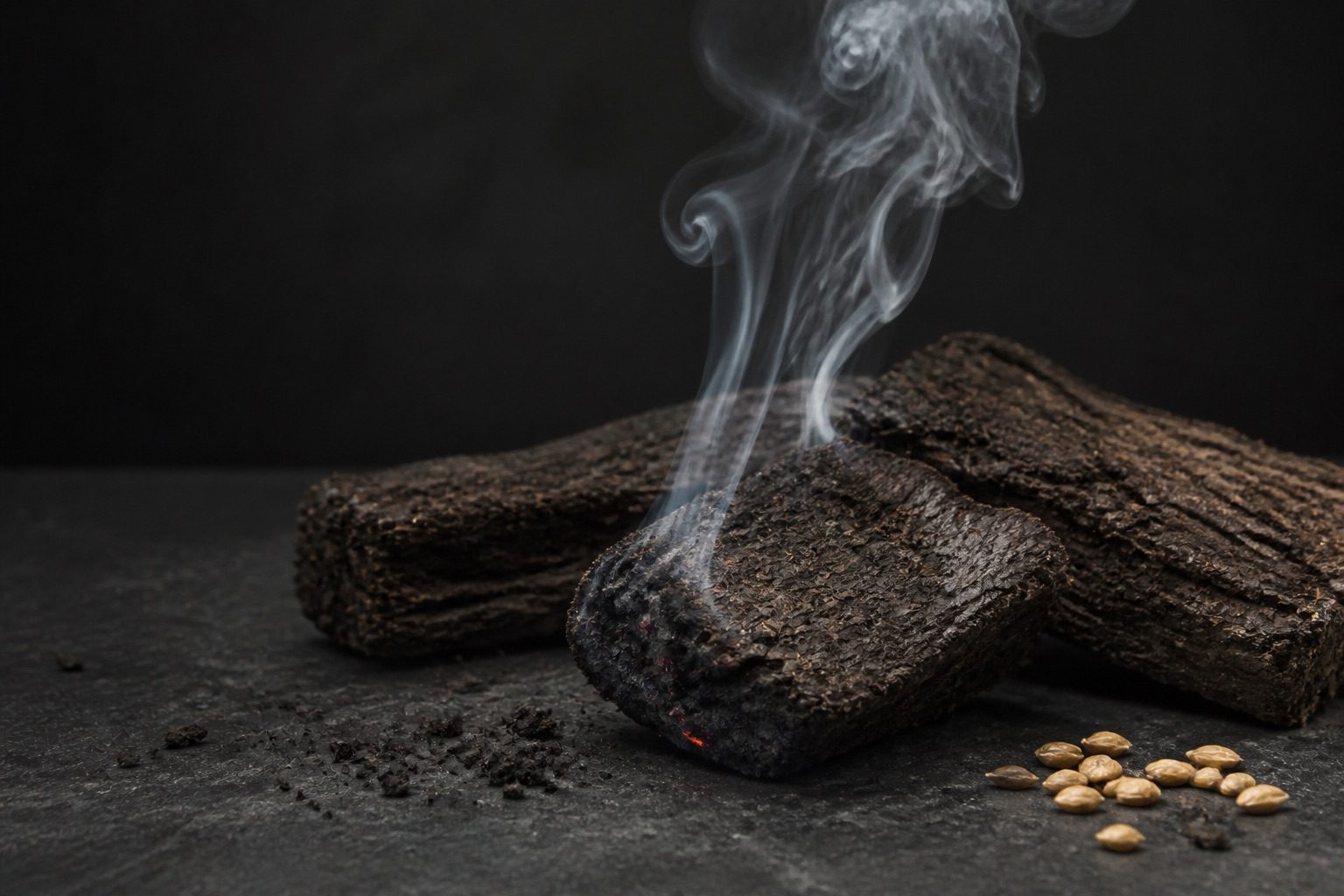 Blocks of peat smouldering beside grains of barley.